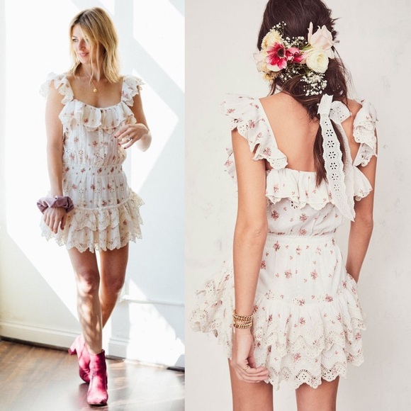 LOVESHACKFANCY Floral Embroidered Eyelet Ruffle Trim  Square Neck Mini Dress M - Picture 2 of 9